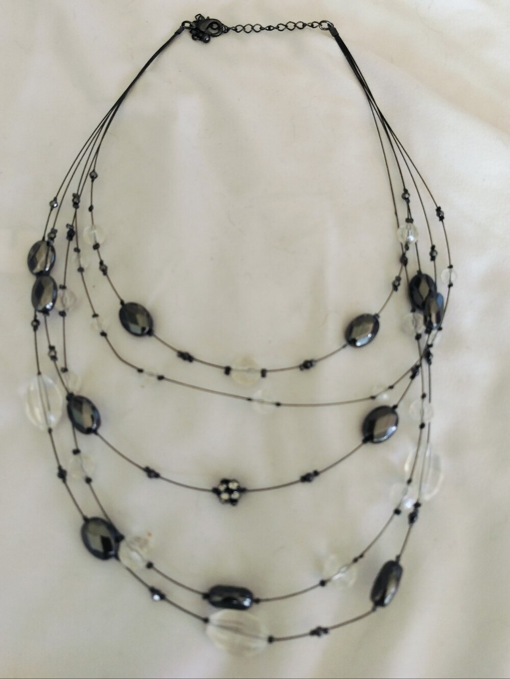 Multi-Strand Statement Necklace Gunmetal & Clear Faceted Bead
